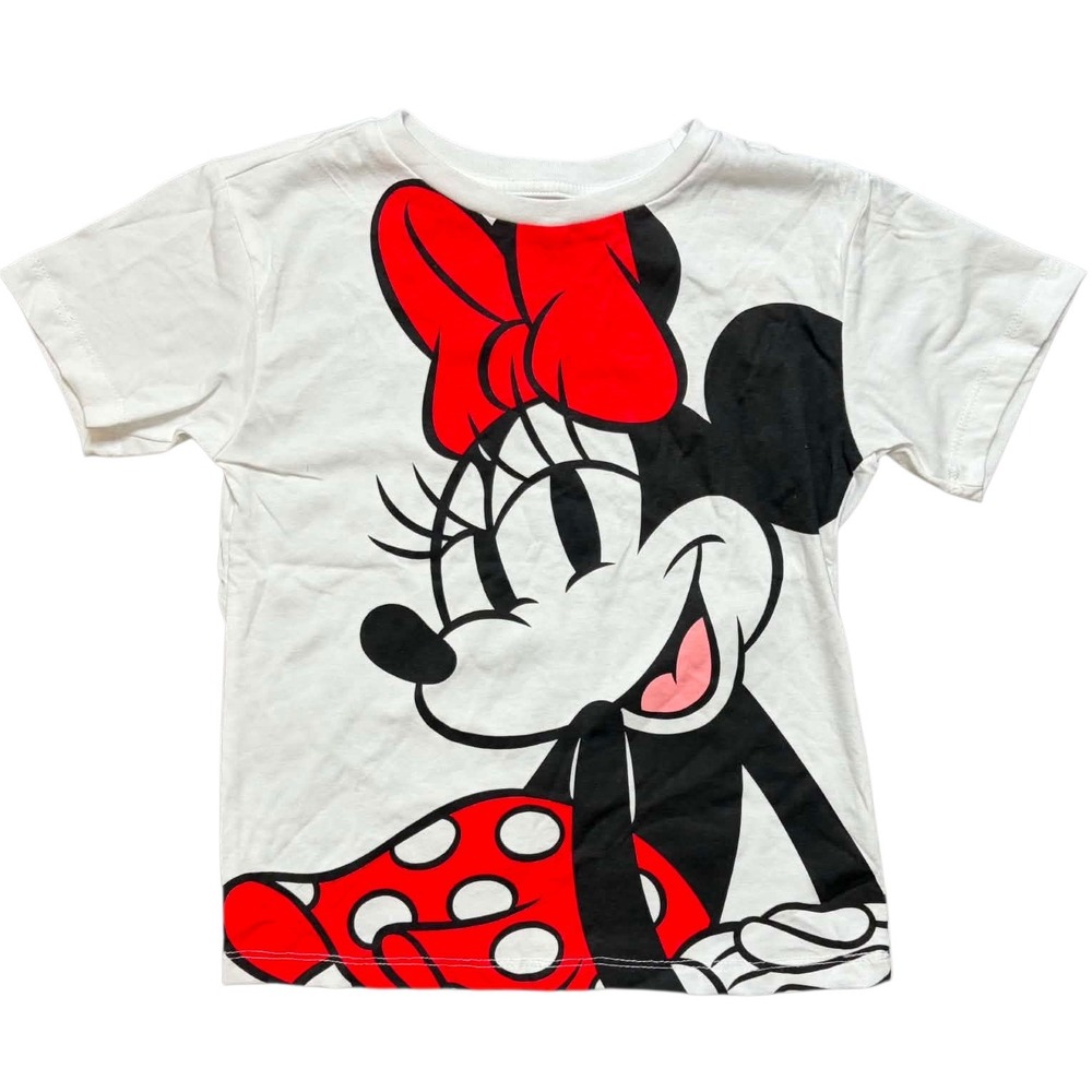 Disney Minnie Mouse Girls White Graphic T-Shirt Red Polka Dot Size XS 4/5